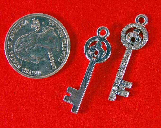 Small Pair of Silver-tone Rhinestone Encrusted Skeleton Key Crown Top Charms