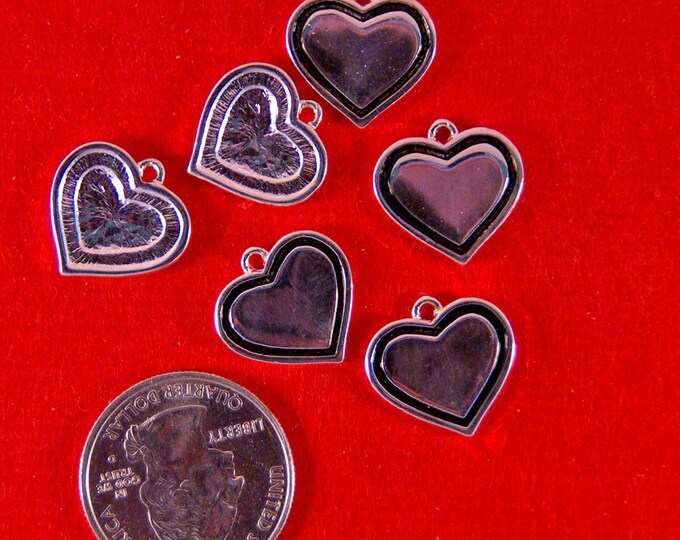 Set of 6 Silver-tone Heart Charms with Black Inline