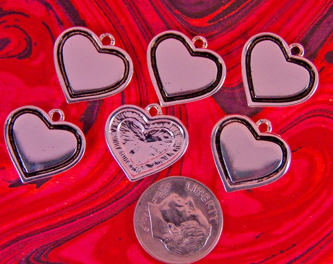 Set of 6 Silver-tone Heart Charms with Black Inline