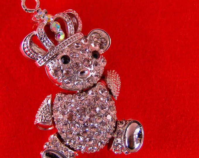 Large Rhinestone Encrusted Teddy Bear with Crown Pendant Articulated