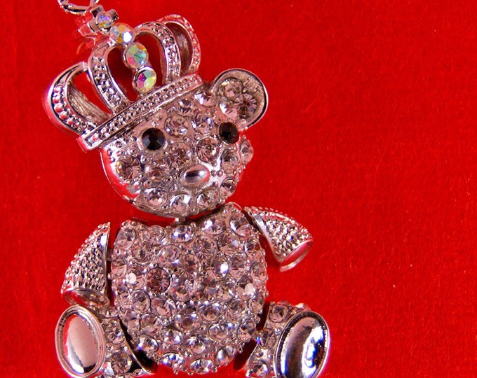 Large Rhinestone Encrusted Teddy Bear with Crown Pendant Articulated
