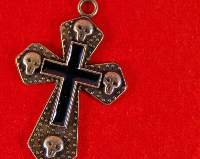 Antique Gold and Black Enamel Cross with Skulls Pendant Charm