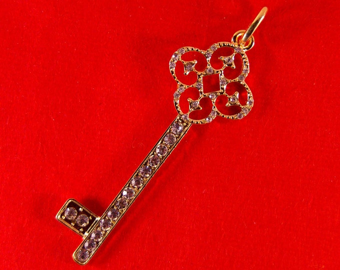 Rhinestone Skeleton Key with Clove Shape Top Pendant Gold-tone