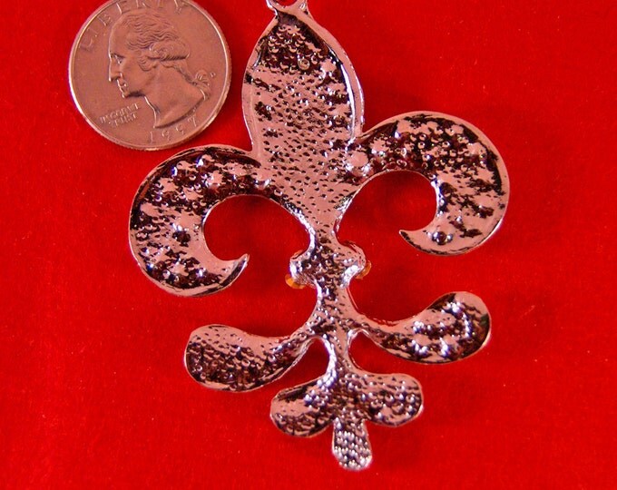 Feathery Shaped Fleur de Lis Pendant Encrusted with Rhinestones Silver-tone