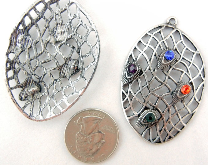 Drop Charms Antique Silver-tone Abstract Oval Net Multicolored Rhinestones on Peacock Teardrop