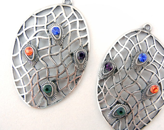 Drop Charms Antique Silver-tone Abstract Oval Net Multicolored Rhinestones on Peacock Teardrop