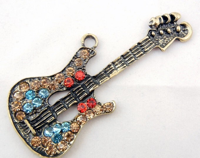 Guitar Charm Pendant Burnished Gold-tone Multi Colored Rhinestones