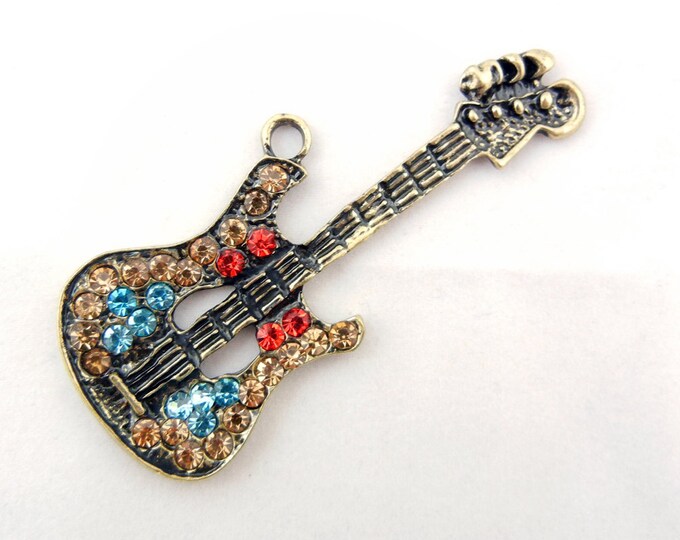 Guitar Charm Pendant Burnished Gold-tone Multi Colored Rhinestones