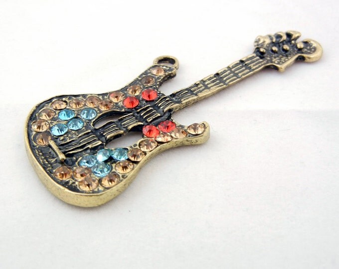 Guitar Charm Pendant Burnished Gold-tone Multi Colored Rhinestones