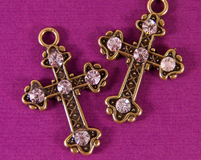 Pair Antique Gold-tone Marcasite-like Cross with Rhinestone Accents Charms