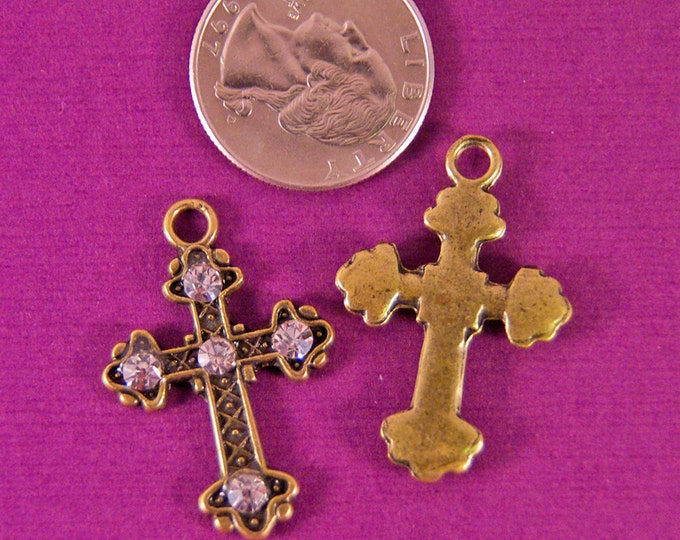 Pair Antique Gold-tone Marcasite-like Cross with Rhinestone Accents Charms