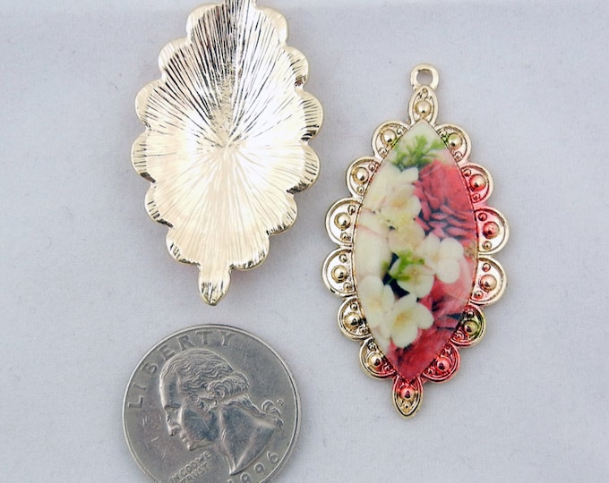 Pair of Gold-tone Flower Print Drop Charms Marquis Shape