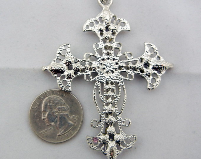 Filigree Cross Pendant Encrusted with Topaz Rhinestones Silver-tone