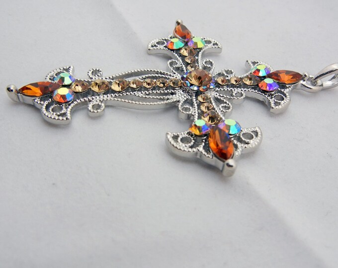 Filigree Cross Pendant Encrusted with Topaz Rhinestones Silver-tone