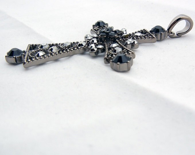 Filigree Hematite with Black and Hematite Rhinestone Encrusted Cross Pendant