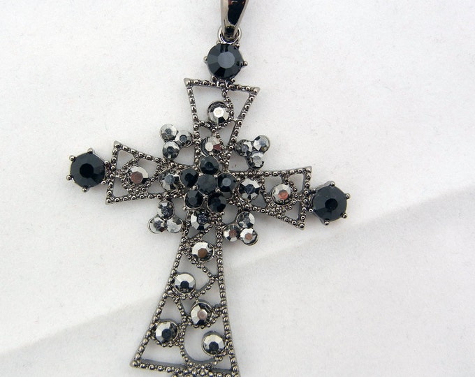 Filigree Hematite with Black and Hematite Rhinestone Encrusted Cross Pendant