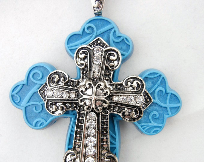 Oversized Turquoise Blue Resin and Metal Cross Pendant