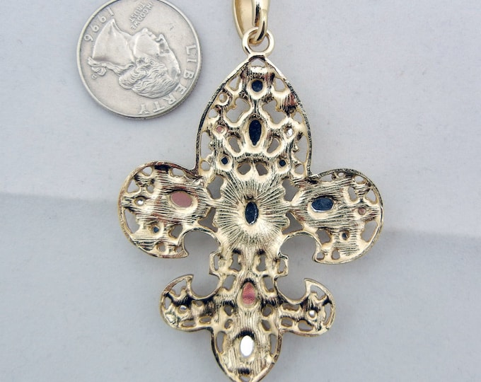 Gold-tone Fleur de Lis Pendant with Faceted Acrylic Accents Heraldry