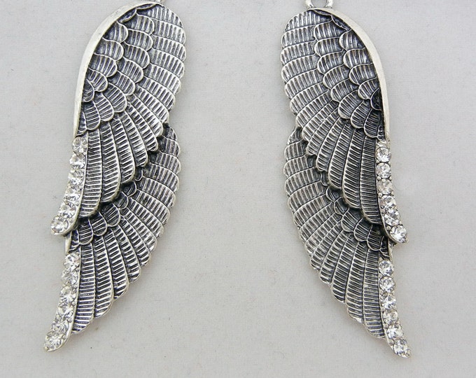 Pair of Antique Silver-tone Double Wing Charms with Rhinestone Accents