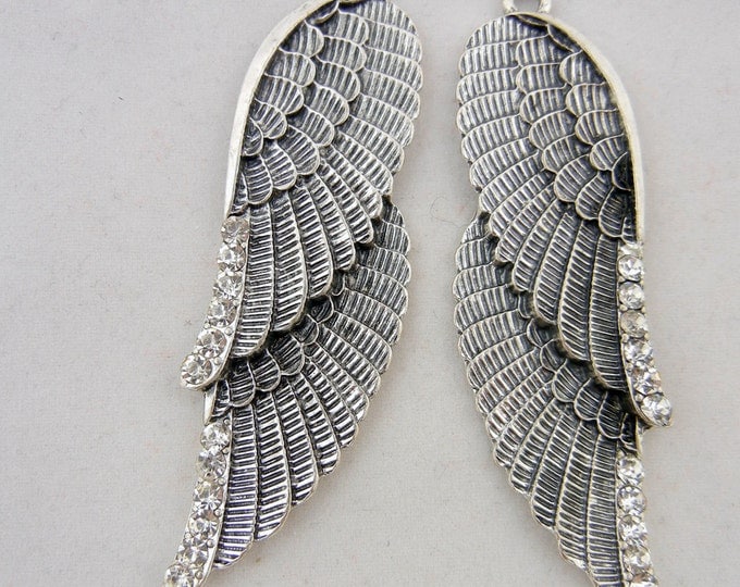 Pair of Antique Silver-tone Double Wing Charms with Rhinestone Accents