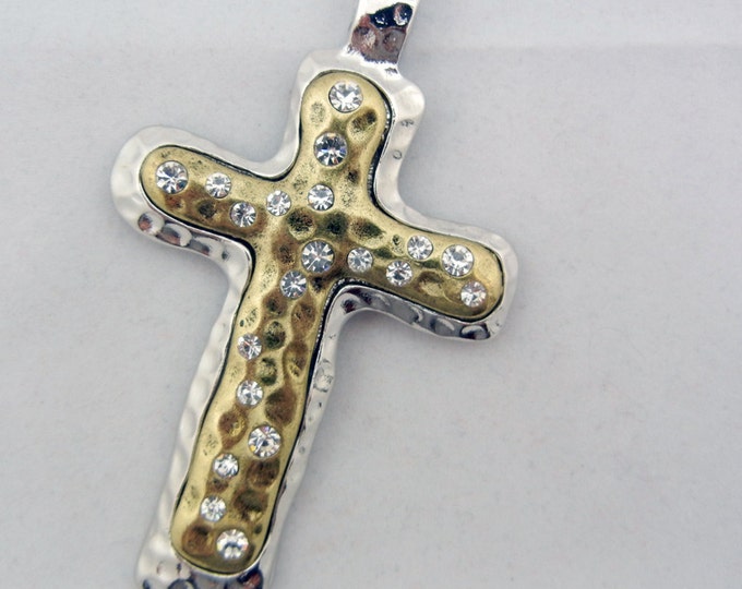 Large Two-tone Abstract Cross Pendant with Rhinestone Accents