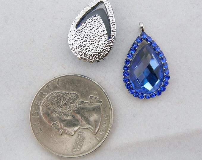 Pair of Small Silver-tone Sapphire Blue Teardrop Drop Charms with Aurora Borealis Rhinestone Edge