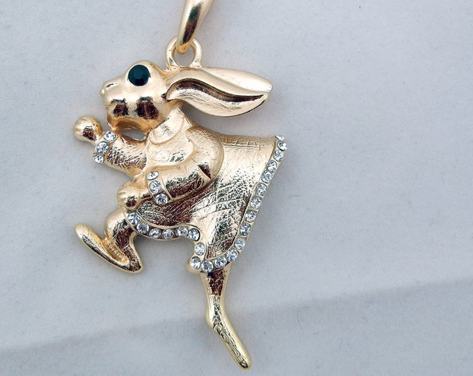 Alice in Wonderland Rabbit Pendant with Rhinestones Gold-tone