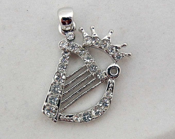 Harp with Crown Pendant Silver-tone with Rhinestone Accents