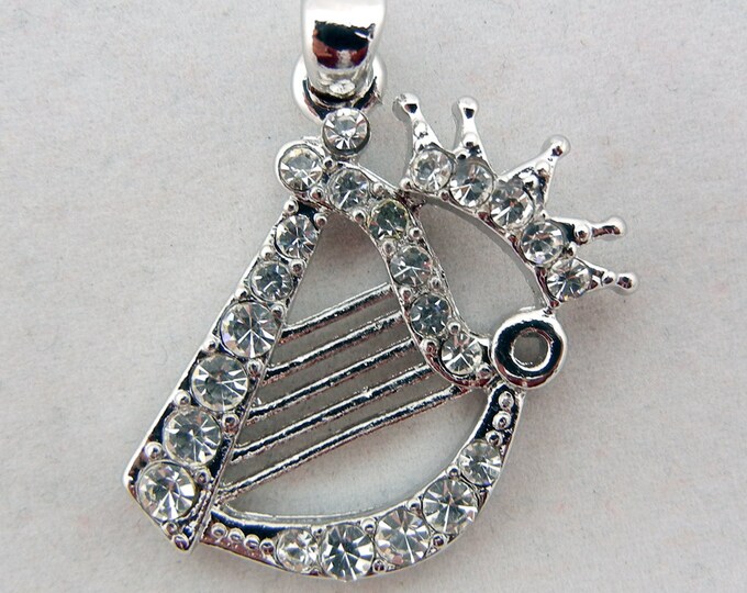 Harp with Crown Pendant Silver-tone with Rhinestone Accents