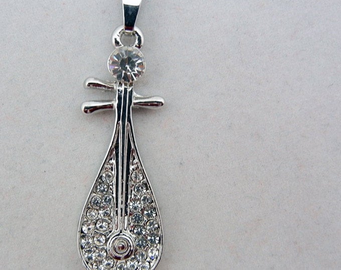 Mandolin Pendant Silver-tone with Rhinestone Accents