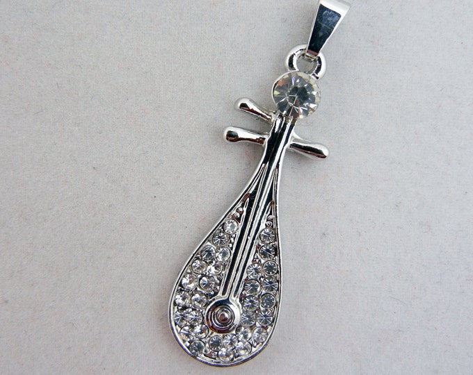 Mandolin Pendant Silver-tone with Rhinestone Accents