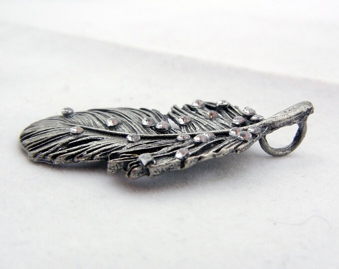 Antique Silver-tone Feather Pendant with Rhinestone Accents