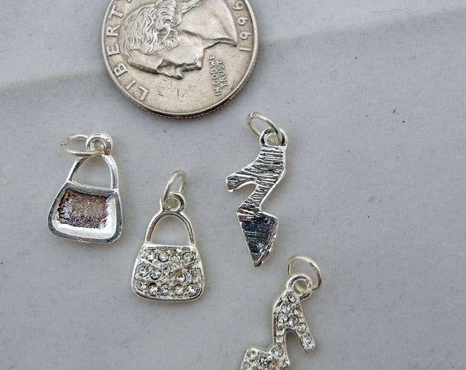 Set of 4 Small Bright Silver-tone Fashion Accessories Shoes and Handbag Charms