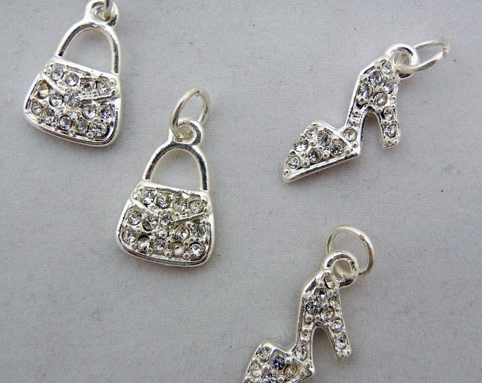 Set of 4 Small Bright Silver-tone Fashion Accessories Shoes and Handbag Charms