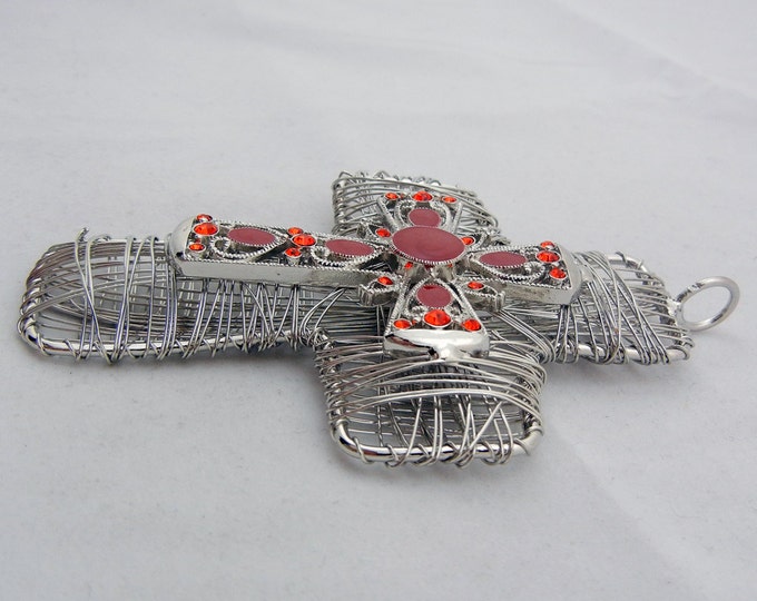 Large Wire Wrapped Silver-tone Cross Pendant Red Epoxy Orange Red Rhinestones