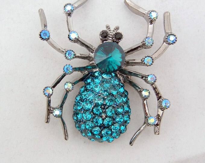 Large Hematite Silver-tone Spider Slide Charm with Turquoise Rhinestones