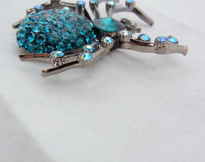 Large Hematite Silver-tone Spider Slide Charm with Turquoise Rhinestones