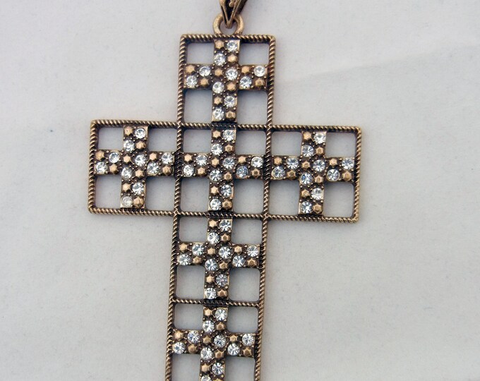Antique Gold-tone Open-Work Cross Pendant with Rhinestones