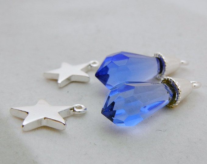 Pair of Blue Faceted Crystal Drop Charm with a Pair of Bright Silver Star Charm