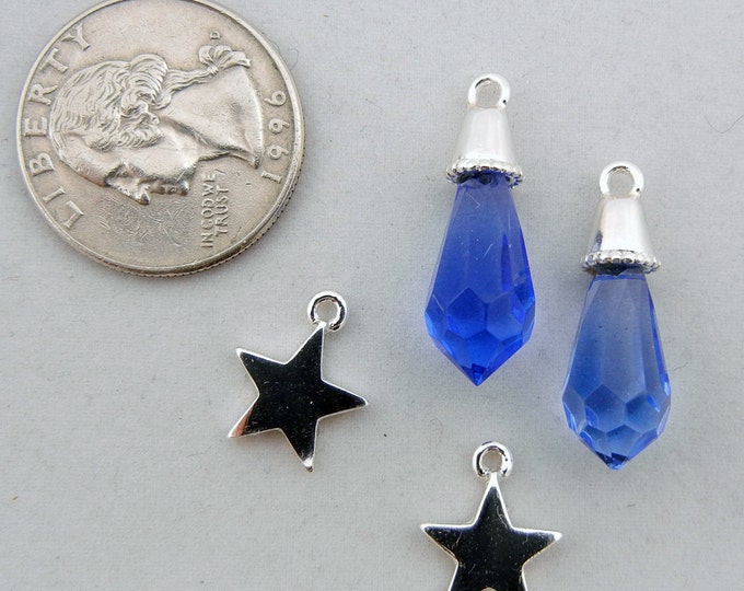 Pair of Blue Faceted Crystal Drop Charm with a Pair of Bright Silver Star Charm