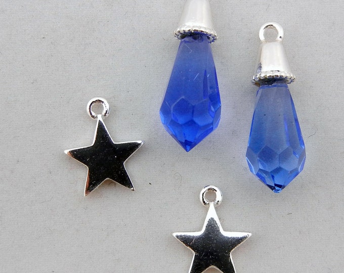 Pair of Blue Faceted Crystal Drop Charm with a Pair of Bright Silver Star Charm