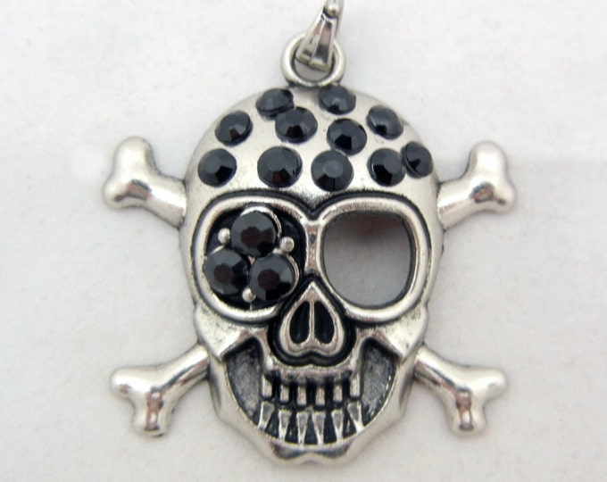 Skull and Crossbone Pendant with Black Rhinestones Antique Silver-tone