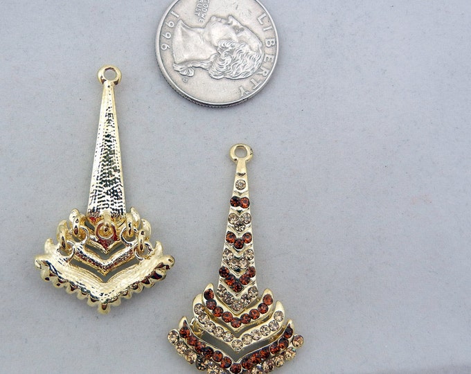 Art Deco Style Gold-tone Topaz Rhinestone Drop Charms