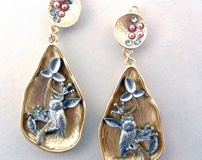 Pair of Two Tone Teardrop Shape Owl Charms