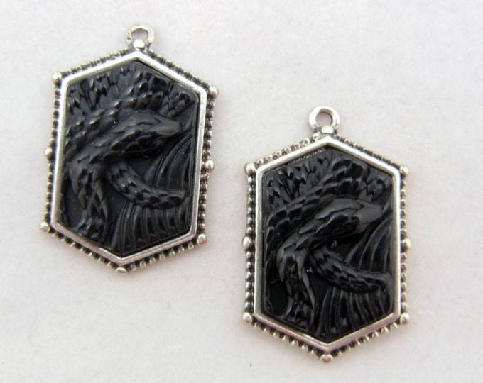 Pair of Black Acrylic Snake Embossed Antique Silver-tone Charms