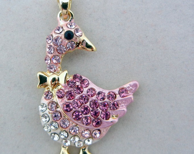 Gold-tone Goose Pendant with Pink and Clear Rhinestone Accents