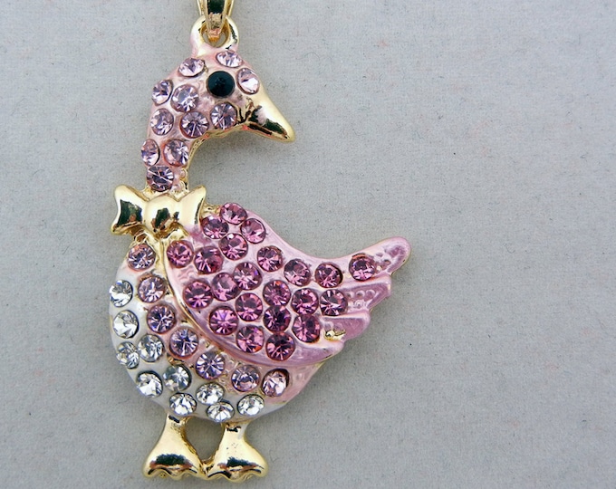 Gold-tone Goose Pendant with Pink and Clear Rhinestone Accents