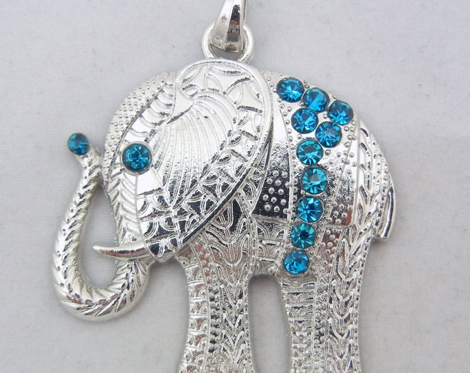 Bright Silver-tone Textured and Turquoise Blue Rhinestone Elephant Pendant