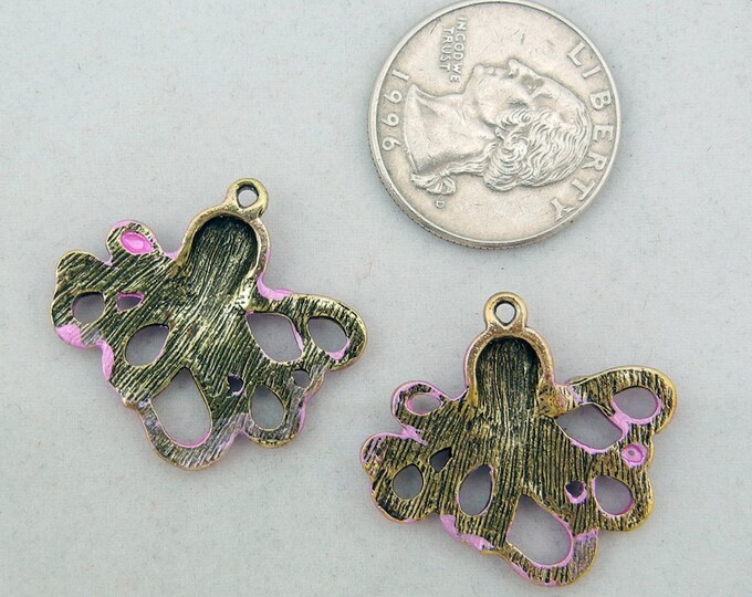 Pair of Antique Gold-tone Pink Washed Octopus Charms