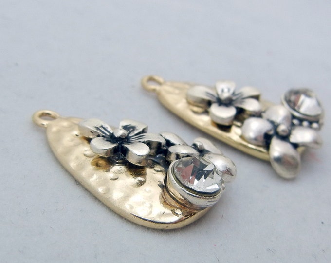 Pair of Small Two-Tone Floral Charms with Rhinestone